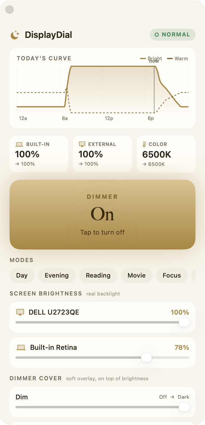 The DisplayDial panel: today's curve, per-display hardware brightness sliders, modes, and the dimmer cover