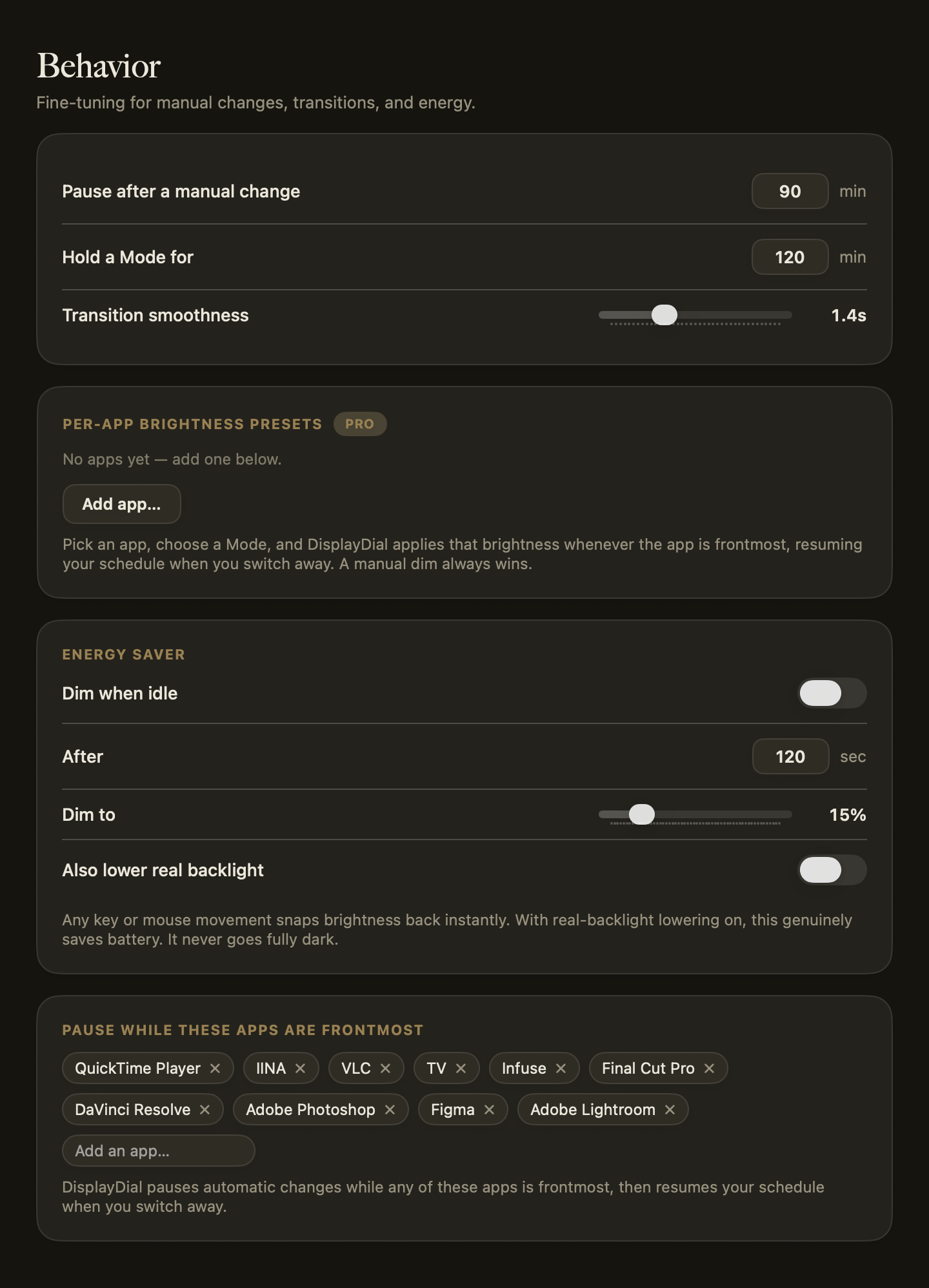 DisplayDial Behavior settings: per-app brightness presets and the idle energy saver