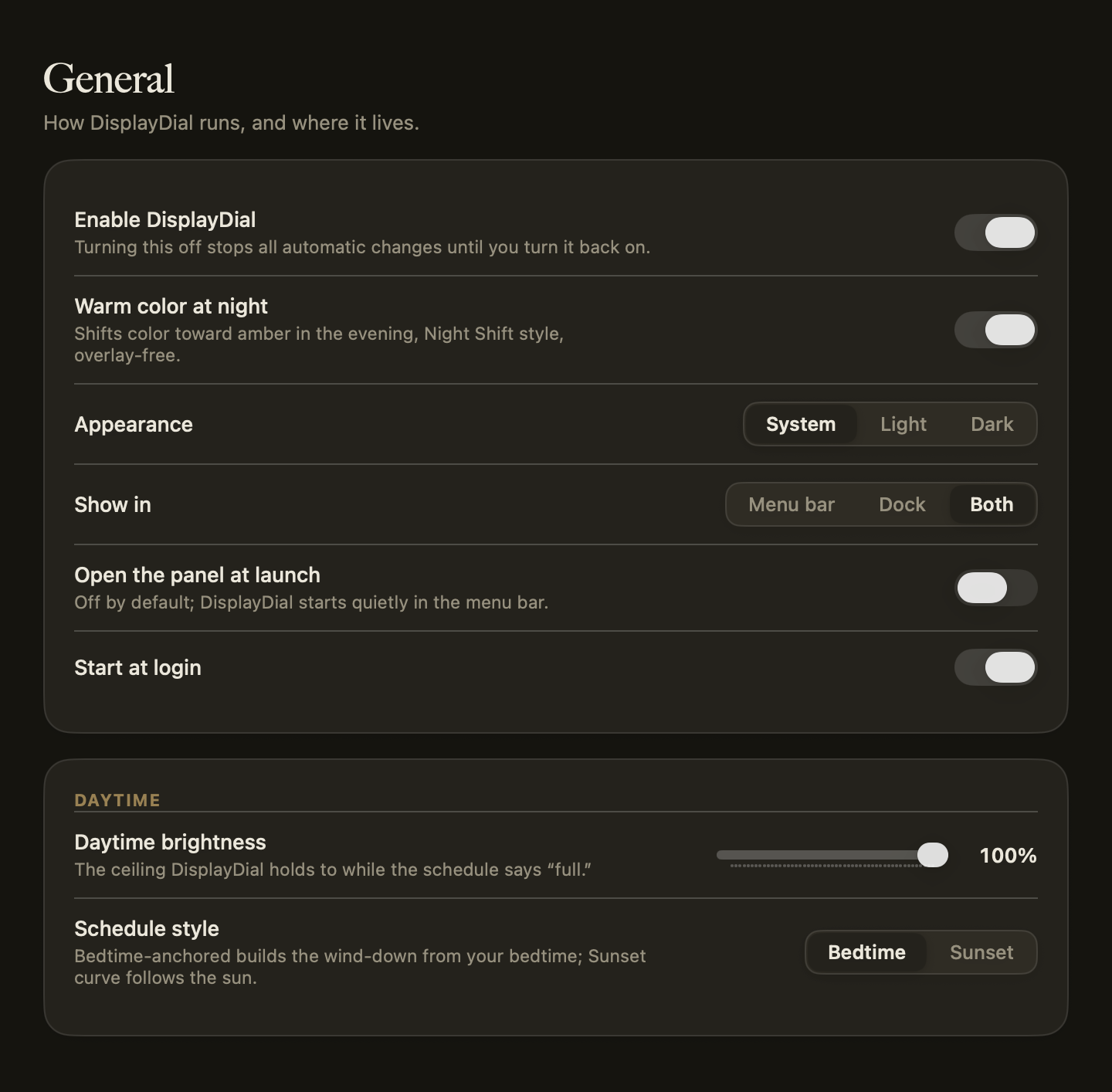 DisplayDial General settings: appearance, daytime brightness ceiling, and schedule style