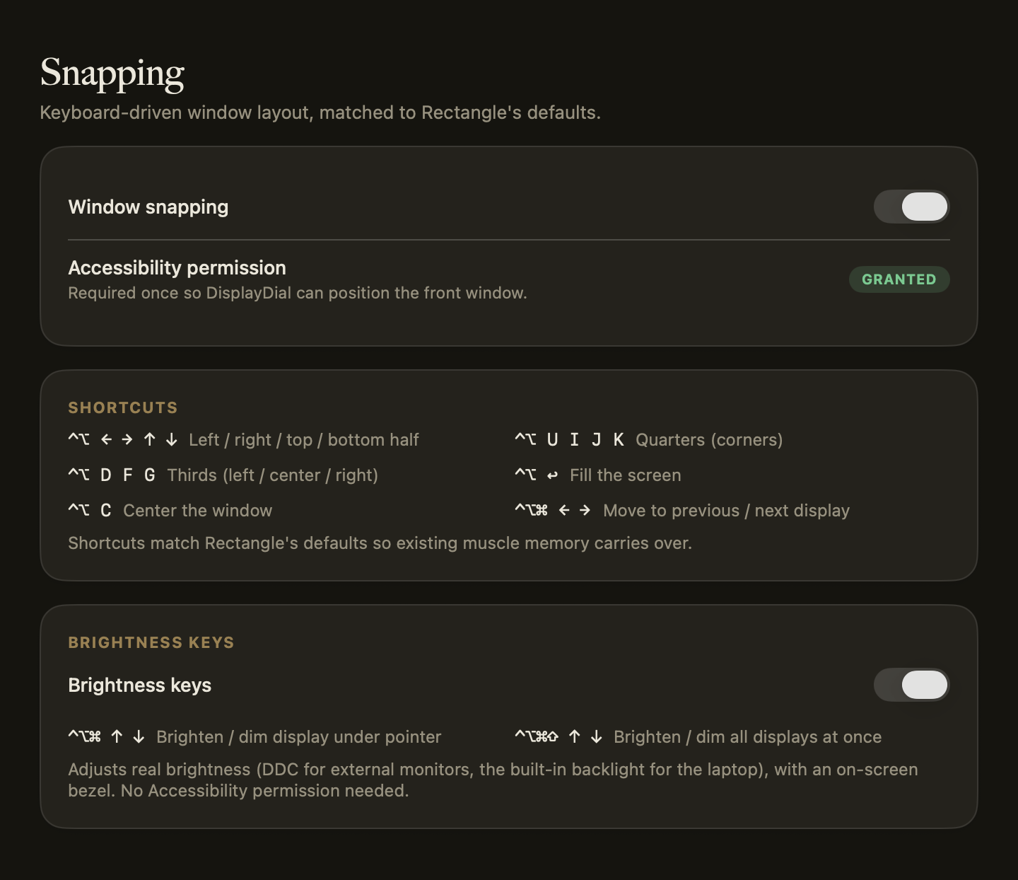 DisplayDial window snapping settings: Accessibility permission granted, snap shortcuts mapped