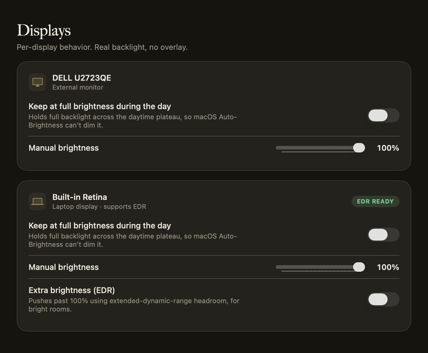 DisplayDial per-display settings: hardware sliders and the XDR/EDR extra-brightness boost toggle