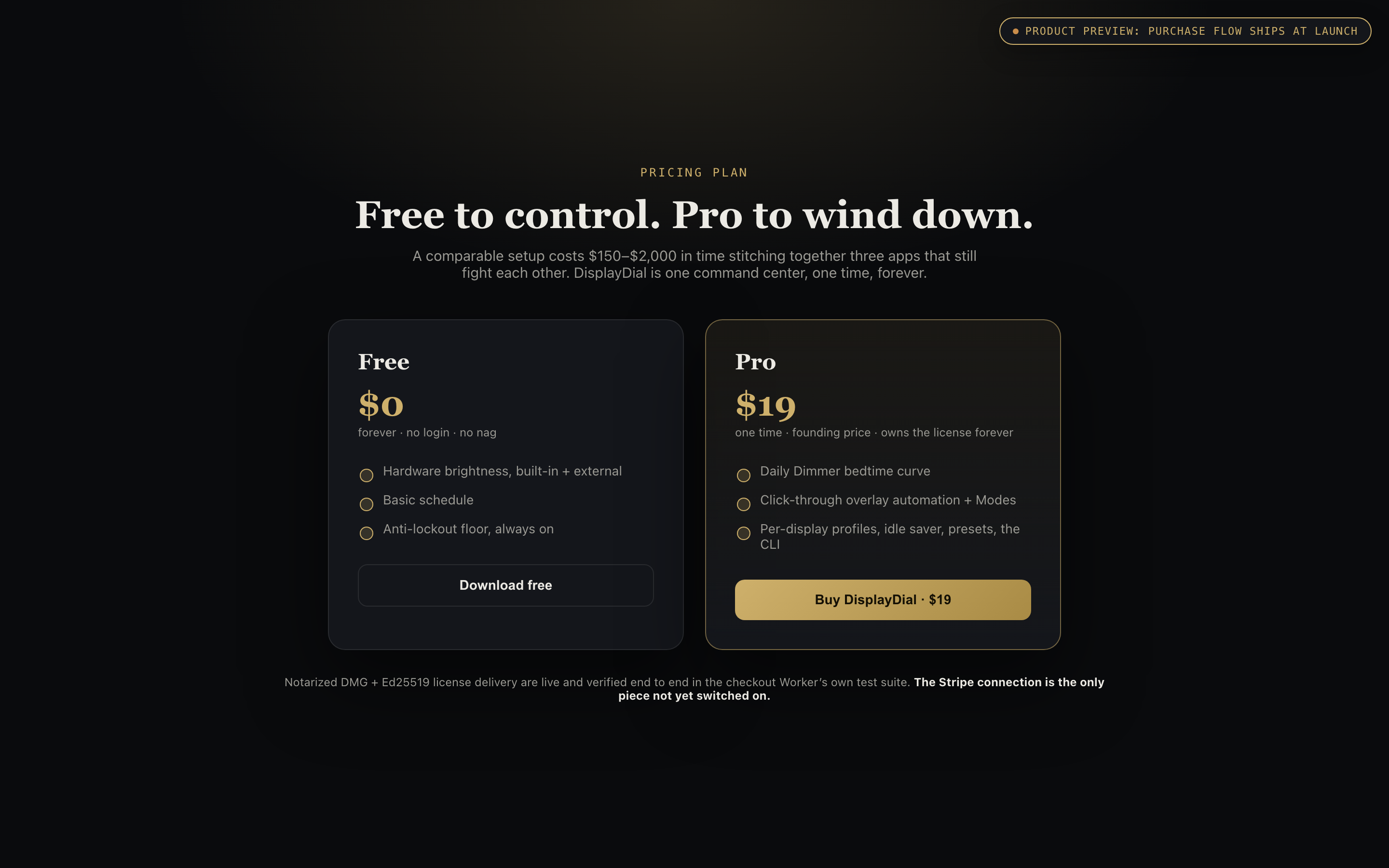 Pricing and checkout mockup for DisplayDial Pro, labeled: product preview, purchase flow ships at launch