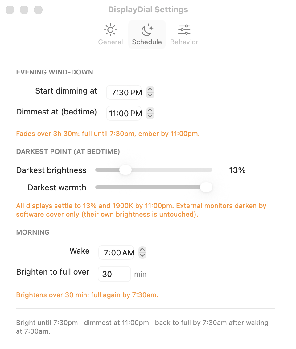 DisplayDial Settings, Schedule tab: evening wind-down, darkest point at bedtime, and the morning ramp